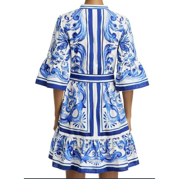 FARM Rio Garden Tiles Bell Sleeve Mini Dress Blue White Sz Large New - Picture 3 of 11